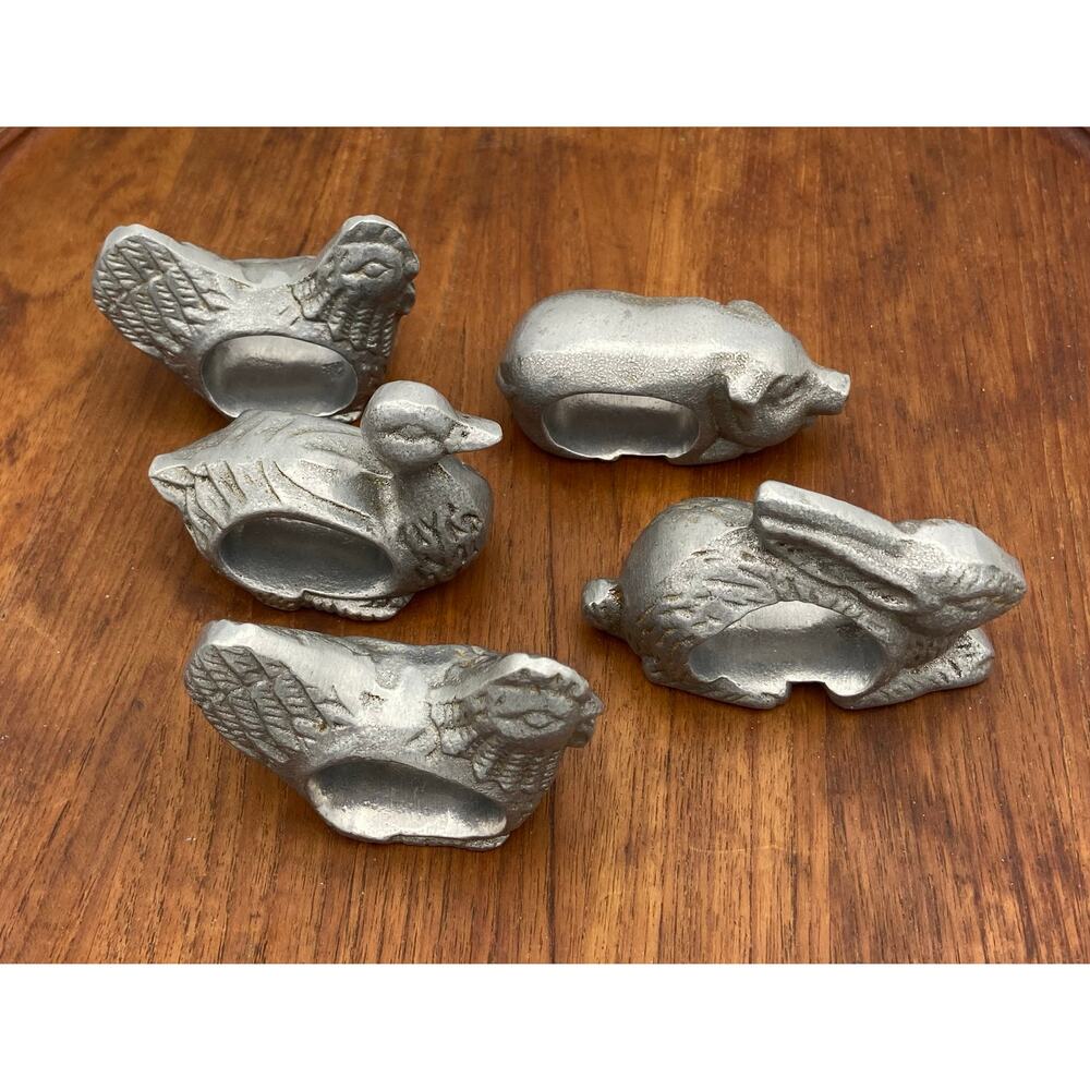 Vintage Metal Farm Animal Napkin Rings Rabbit Duck Pig and Two Hens Set of 5